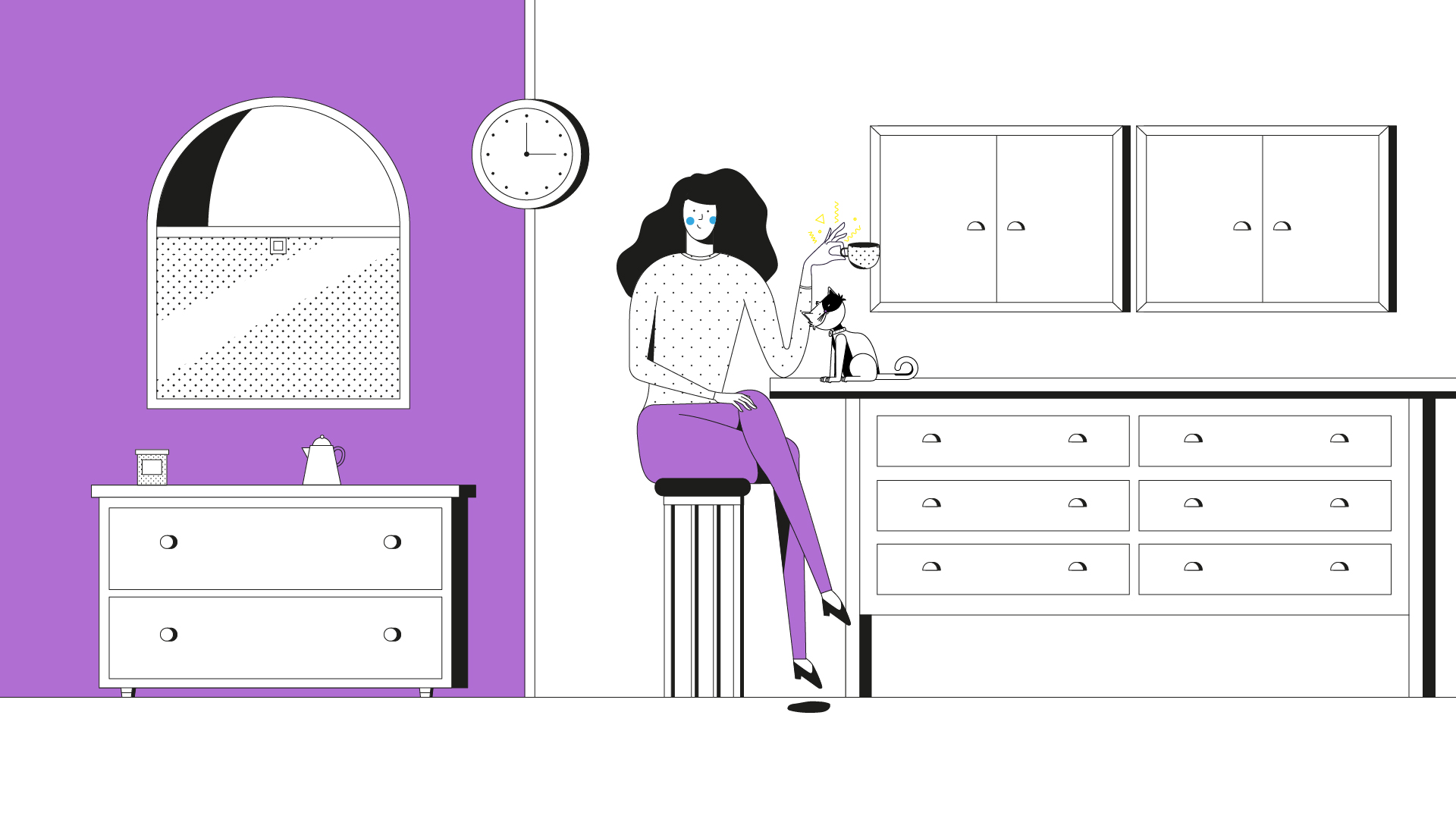 Ilustración de una mujer tomando café que pierde fuerza en la mano y deja caer la taza, representando un síntoma de ictus en mujeres